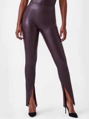 Spanx High-Waist Chocolate Faux-Leather Leggings with Front Slits
